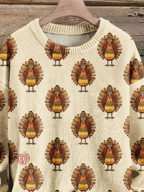 Christmas Gift Thanksgiving Turkey Art Print Knit Pullover Sweater