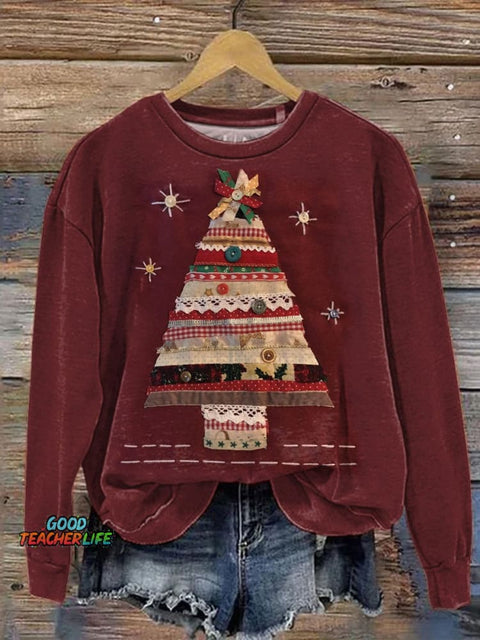 Folk Style Patchwork Christmas Tree Art Printed Casual Sweatshirt