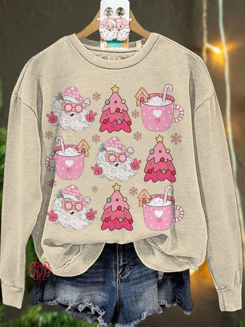 Retro Doodle Pink Christmas Casual Sweatshirt