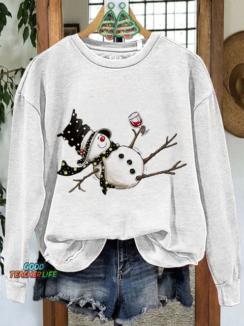 Drunk Snowman Drinking Wine Winter Holiday Christmas Casual Print Sweatshirt