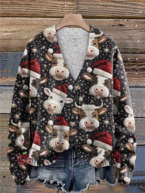 Christmas Cow Print Buttoned V-neck Cardigan Sweater