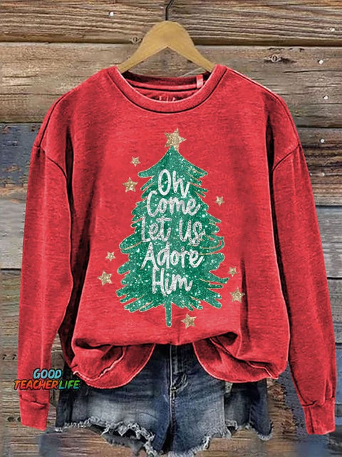 Oh Come Let Us Adore Him Christmas Casual Print Sweatshirt
