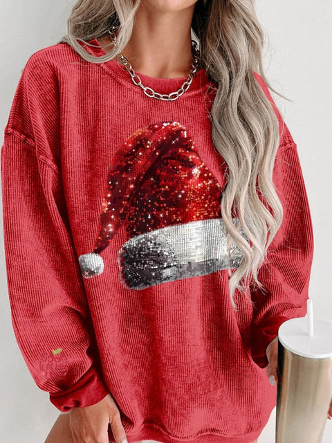 Christmas Glitter Santa Hat Print Women's Casual Sweatshirt