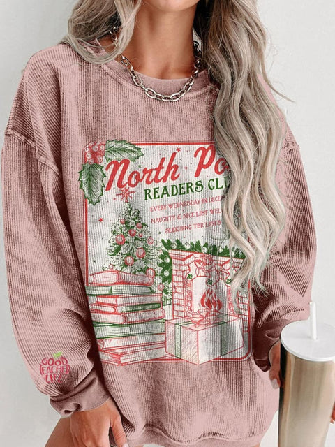 Bookish Christmas Pole Book Club Santa Women's  Casual Print Corduroy Sweatshirt