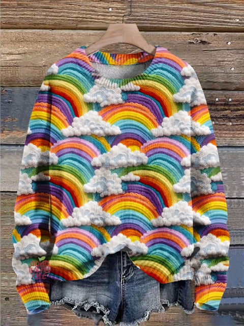 Christmas Gift Rainbow White Clouds Art Print Knit Pullover Sweater