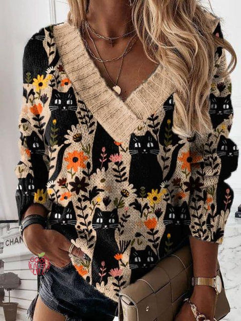 Black Cat Floral Art Print Knit V-neck Pullover Sweater