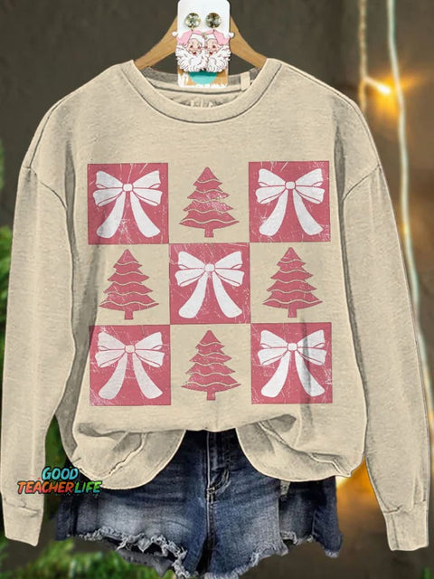 Christmas Retro Checkered Christmas Tree Pink bow Casual  Sweatshirt