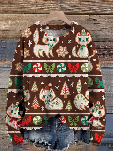 Christmas Cute Cats Decorations Art Print Casual Knit Pullover Sweater