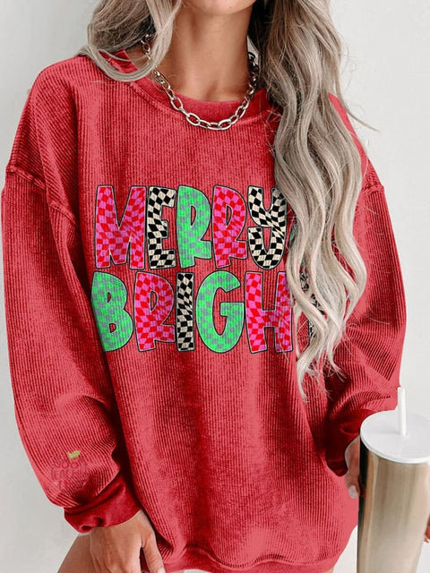 Christmas Merry and Bright Merry Women's  Casual Print Corduroy Sweatshirt