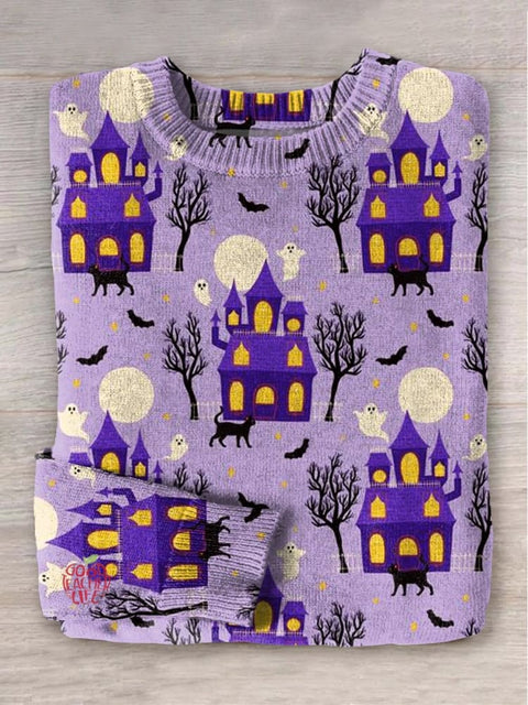 Halloween Cat Art Print Knit Pullover Sweater