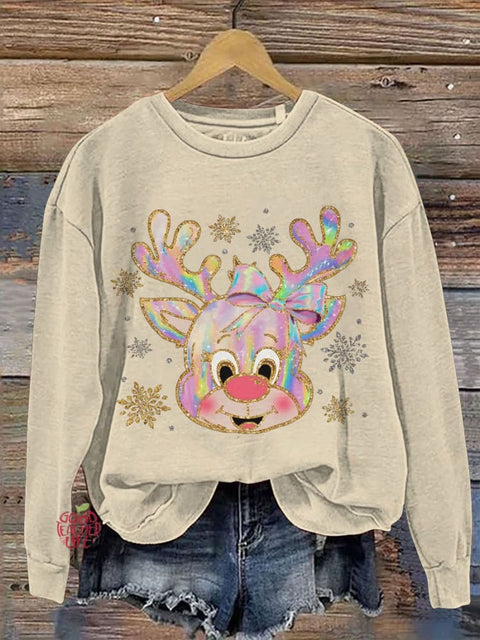 Iridescent Reindeer Christmas Casual Print Sweatshirt