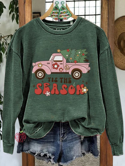 Pink Car Christmas Tree Print Casual Sweatshirt