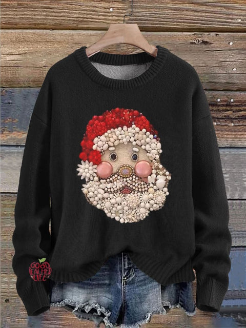 Christmas Jewelry Art Santa Claus Print Knit Pullover Sweater