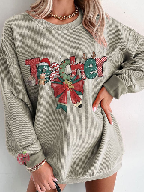 Women's Christmas Teacher Casual Print Corduroy Sweatshirt