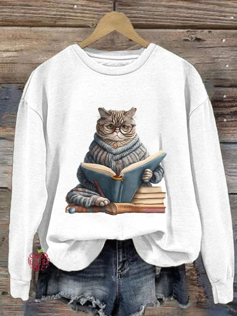 Cat In A Cardigan Read A Book Casual Print Sweatshirt