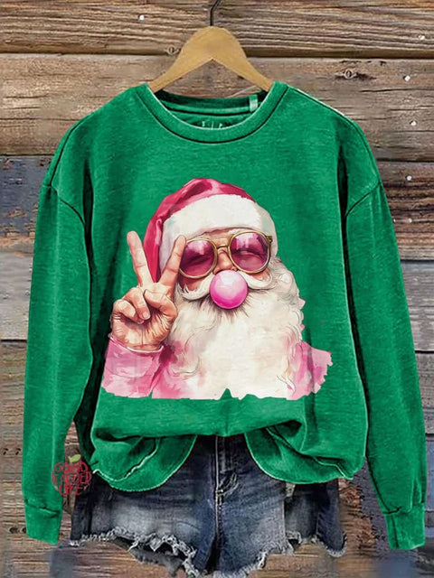 Retro Santa Christmas Blowing Bubble Casual Print Sweatshirt