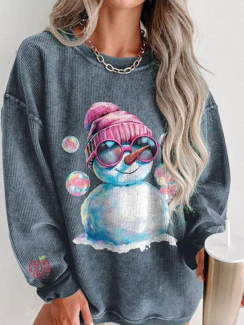 Women's Cute Snowman Sunglasses Christmas Casual Print Corduroy Sweatshirt