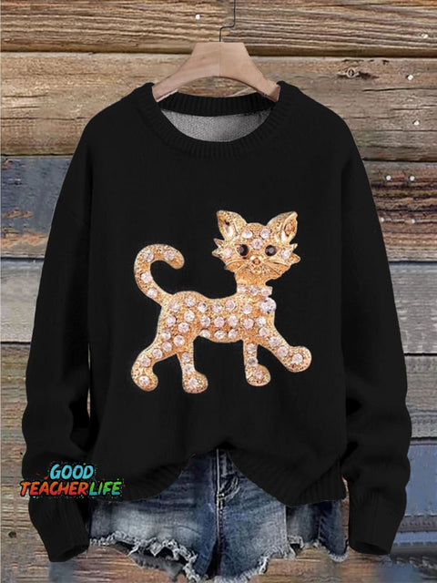 Christmas Cat Jewelry Art Print Knit Pullover Sweater