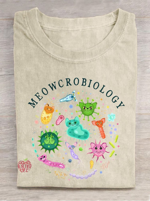 Meowcrobiology Cat Virus Teacher Casual Print T-shirt