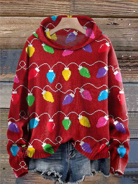 Christmas Lights Print Casual Knitted Hoodie Sweater