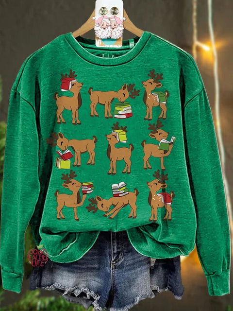 Christmas Reindeer Reading Book Lover Casual  Sweatshirt