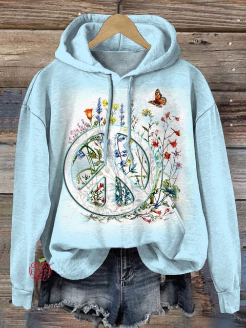 Tranquil Peace Sign And Floral Art Printed Casual Sweatshirt