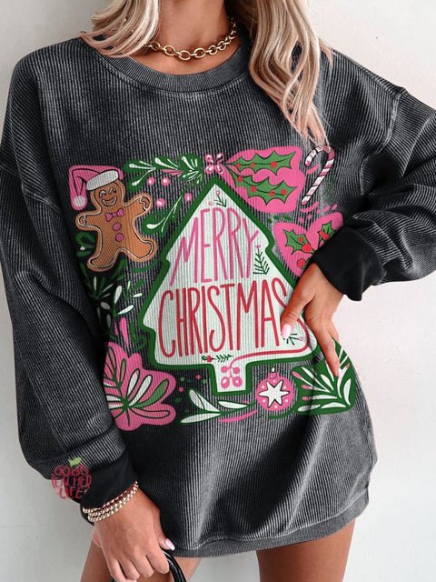 Christmas Boho Floral Christmas Women's  Casual Print Corduroy Sweatshirt