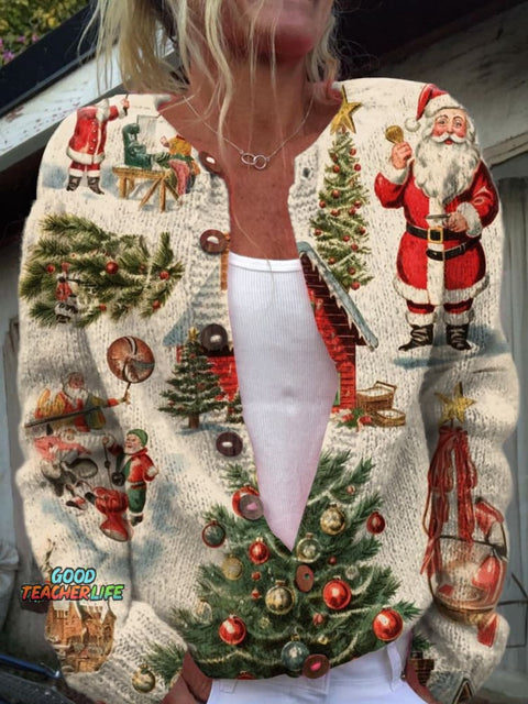 Christmas Tree Santa Claus Print Buttoned Cardigan Sweater