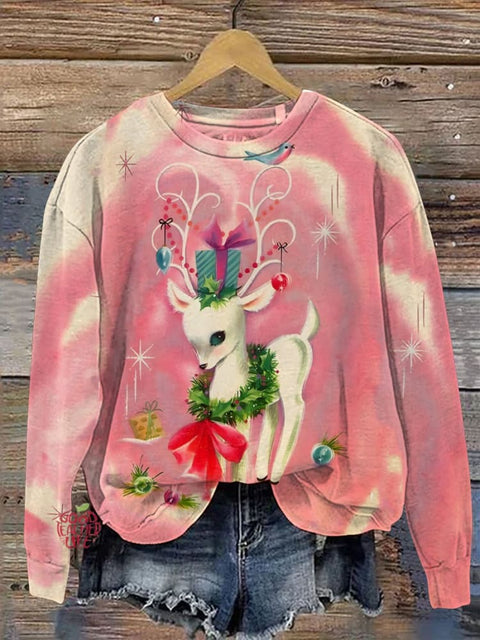 Pink Fantasy Christmas Reindeer Print Casual Sweater