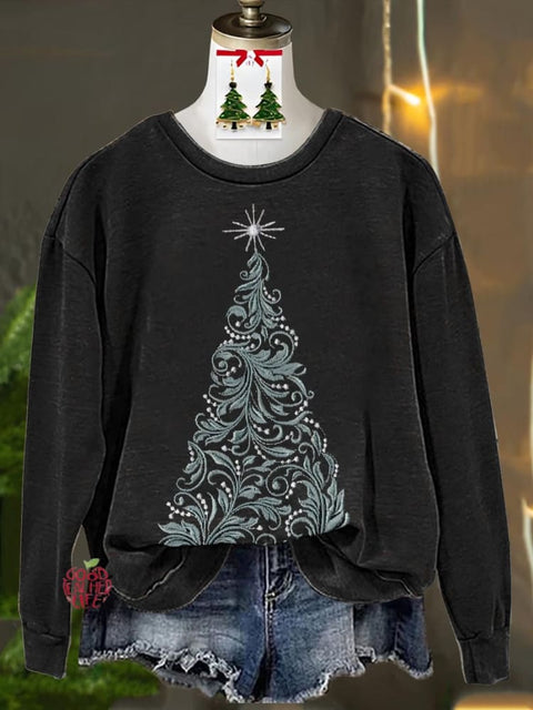 Tengman Christmas Tree Imitation Embroidery Printed Casual Sweatshirt