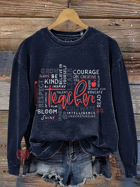 Teacher Word Art Casual Print Sweatshirt