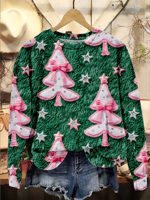 Coquette Bow Pink Christmas Tree Print Casual Sweatshirt