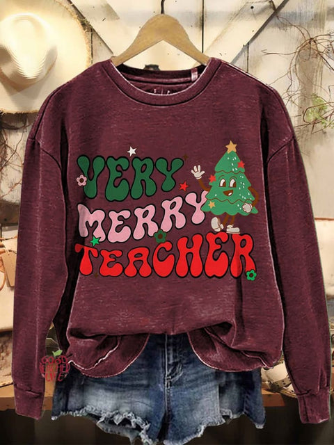 Merry Christmas Very Merry Teacher Casual Print Sweatshirt