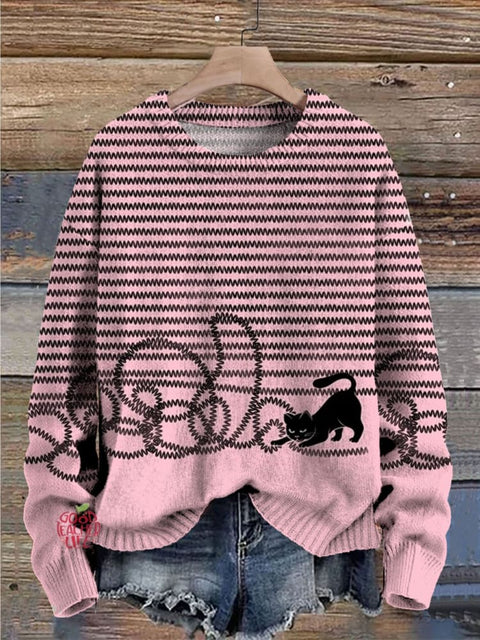 Cute Cat Print Knit Pullover Sweater