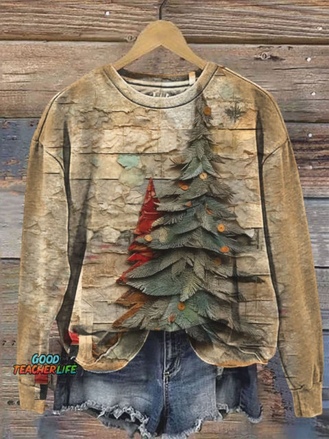 Vinatge Christmas Tree Paper Art Print Casual  Sweatshirt