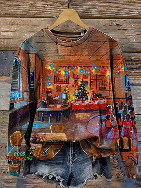 Retro Christmas Holiday Print Casual  Sweatshirt