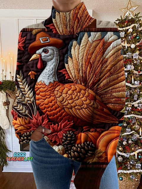 Turkey Art Print Knit Turtleneck Pullover Sweater