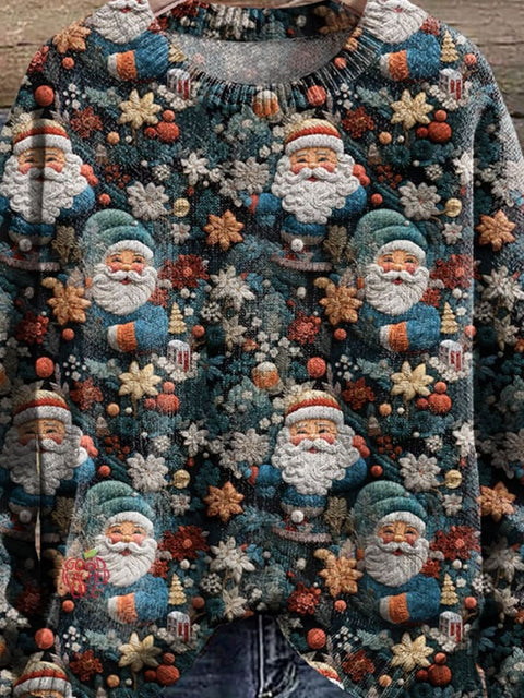 Retro Christmas Santa Claus Print Knit Pullover Sweater