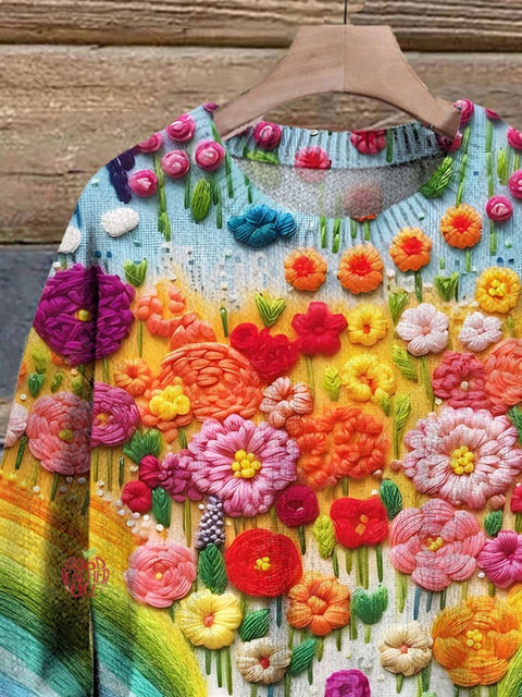 Multicolor Rainbow Flowers Simulation Embroidery Art Print Knit Pullover Sweater