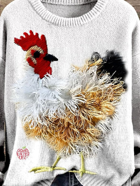 Farm Cute Animals Chicken Embroidery Simulation Print Knit Pullover Sweater