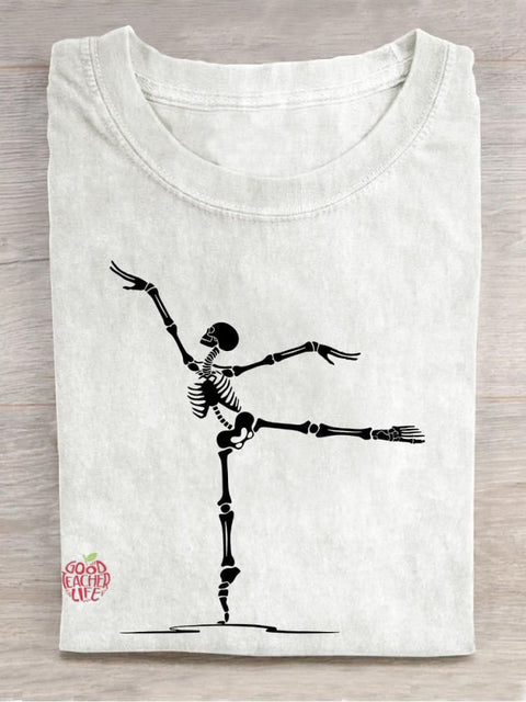 Dancing Skeleton Ballet Teacher Casual Print T-shirt