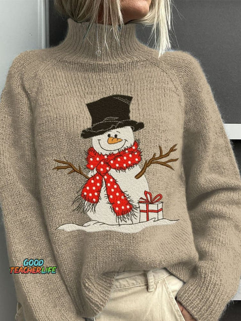 Embroidery Snowman Christmas Art Print Knit Turtleneck Pullover Sweater