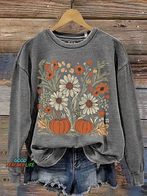 Leopard Pink Pumpkin Boho Floral Fall Casual Print Sweatshirt