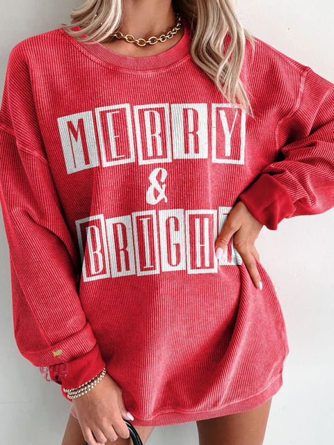 Women's Pink Christmas Merry and Bright Casual Print Corduroy Sweatshirt