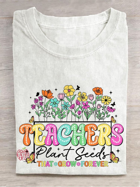 Floral Teacher Casual Print T-shirt