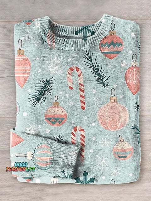 Christmas Christmas ball Candy cane Print Knit Pullover Sweater
