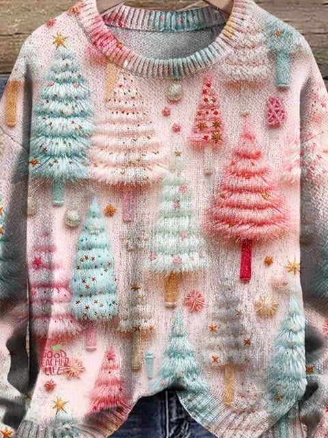 Pink Christmas Tree Winter Christmas Print Knit Pullover Sweater