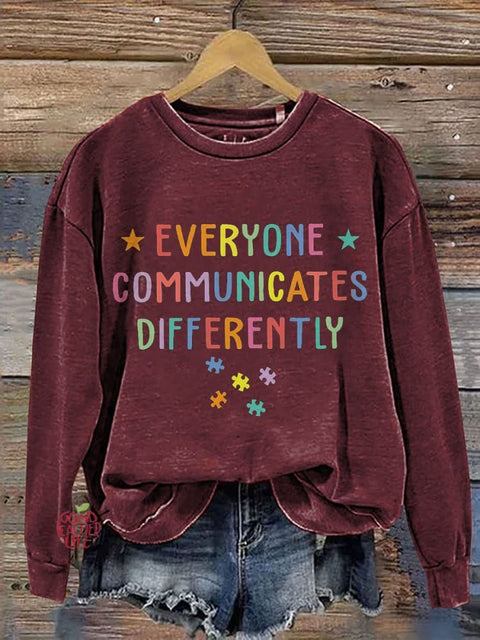 Everyone Communicates Differently Colored Puzzle Special Education Teacher Casual Print Sweatshirt