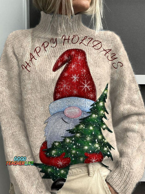 Happy Christmas Holiday Print Knit Turtleneck Pullover Sweater