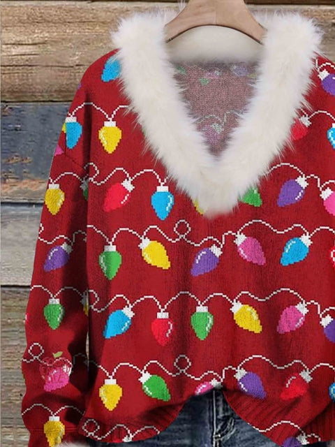 Christmas Lights Print Knit Pullover Fur Collar Sweater